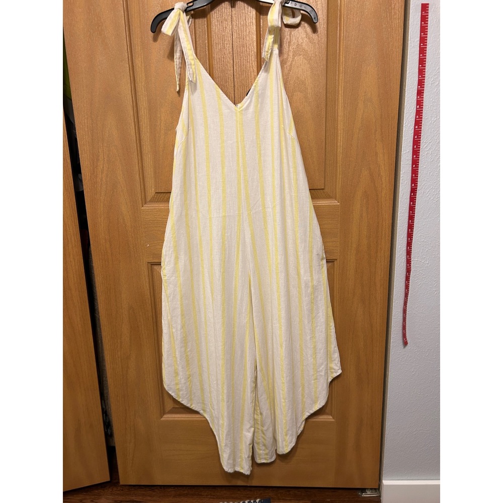 MSK Yellow Striped Linen Blend Tie Strap Jumpsuit‎ Wide Leg Bohemian Size L
